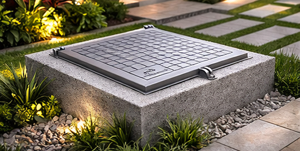 Tampa em alum&iacute;nio fundido articulada instalada